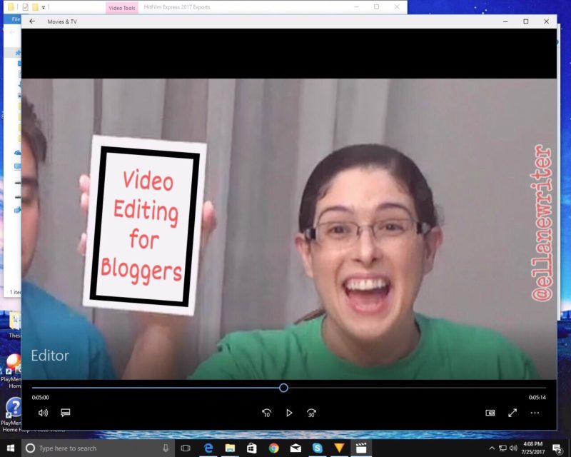 A window is open on a computer screen. The window shows an enthusiastic E. L. Lane holding a card that reads Video Editing for Bloggers.